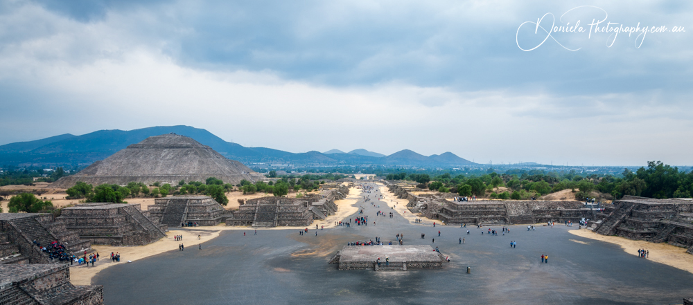 Teotihuacán Avenue of the Dead Panorama ancient pre Columbian city and vast archeological site, Mexico